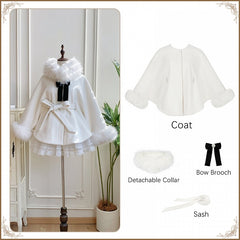 White Winter Lolita Fleece Lining Cape Coat with Detachable Fur Collar, Sash and Brooch