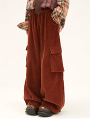 Clearance - Size M for Waist 68cm Coffee Corduroy Cargo Pants