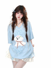 Yume Kawaii Adorable Puppy Pattern White/Blue Loose T-Shirt
