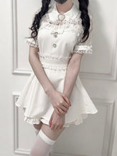 White Jirai Kei Set -Shirt Collar Sweetheart Rhinestone Decoration Lace Shawl Top + Shorts + Bowtie