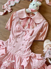 Pink Elastic Cuffs Short Sleeves Blouse Striped Fabric