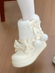 PU Creamy White Sweet Lolita Platform Snow Boots - Pompon Charm, Bow Details & Faux Fur Cuff with Side Zipper