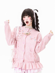 Pink/Apricot Daily Kawaii Cardigan with Ruffled Hem, Embroidered Butterflies & Flowers