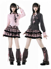 Pink and Black Plaid Sweetheart Pattern Metal Heart Lace Trim Tiered Skirt