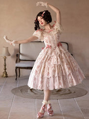 Pink&Beige Floraland Stripe Print Lace Tiered Ruffle Elegant Classic Lolita Dresswith Bow Accents