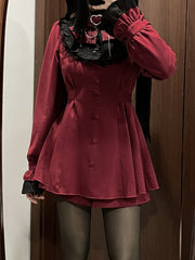 Wine Red Jirai Kei Full Set - Cross Embroidery Bowknot Dress + Shorts