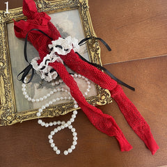 Red Fishnet Tights/Black Lace Floral Pattern Socks/Polka-dot Pattern Tulle Underknee Stockings