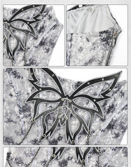Y3K Fashion Futuristic Silver Grey Butterfly Chain Sequins Decorated Fishbone Strapless Cyberpunk Top