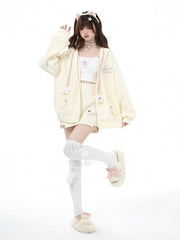 Yellow Hooded Jacket with Star Charm Drawstrings & Chest Letter Embroidery