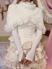 Cream White Cable Knit Thick Shawl with Fringe-Edged