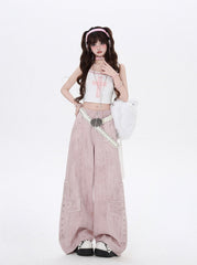 Light Pink Low Waist Studded Cross Appliques Wide-Leg Jeans