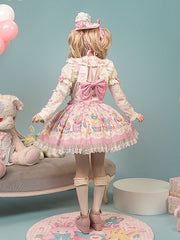 Pink & White Sweet Bunny and Cupcake Print Lolita Overall Dress
