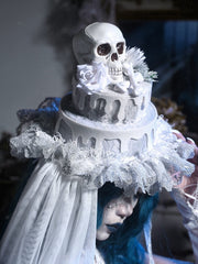 White Goth Halloween Bone and Flowers Cake Hat with Detachable Veil