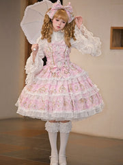 Pink Floral and Crystal Chandelier Print Lolita JSK with Bow Accents