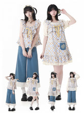 Yellow and Blue Tiered Flutter Sleeves Cottagecore Plaid Top with Detachable Bow