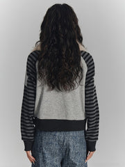 Gray Punk Zip-Up Faux Fur Collar Jacket with Wing Print & Striped Sleeves