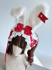 Red/Pink/Light Pink Plush Bunny Ear Lolita Hairband with Polka Dot Bows and Lace Trimmings