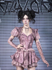 Dusty Pink Y2K Punk Studded Denim Slip Dress with Rhinestoned Totem Embroidery & Tiered Tulle Ruffles