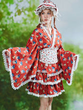 Red Polka-dot Pattern Cat and Bird Print Haori with Corset Belt