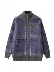 Loose Gray & Purple Striped Mohair Knit Sweater with Ribbed Cuffs & Lockstitch Detailing