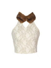 Beige Halter Tie Punk Top with Floral Shimmer & Brown Faux Fur Collar