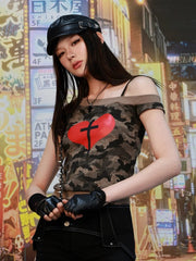 Y2K Army Green Camo Asymmetrical Neckline Heart and Cross Print T-Shirt