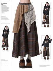 Mori Kei Coffee Plaid Maxi Skirt with Asymmetrical Patchwork Design