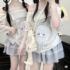 Yami Kawaii Cartoon Print Off-the-shoulder Neckline White Jirai Kei T-shirt