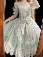 Tulip Print Green Off-Shoulder Elegant Lolita Dress with Drawsting Tulle Overlay
