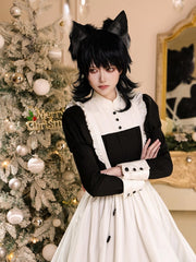 Black and White Mandarin Collar Maid Lolita Elegant Juliette Sleeves Dress with Pockets
