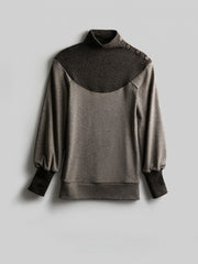 Urban Goth Brown & Gray Color-Block Design Long-Sleeve Top with Button Details