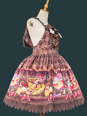 Coffee Diamond Pattern Sweet Lolita Overall Dress with Dessert Print and Cat Ear Hood