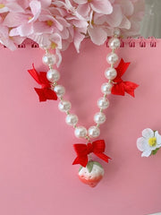 Red/Pink/Beige Bowknots Sweet Strawberry Beaded Necklace