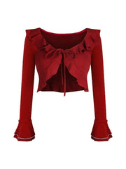 Red Knit Cardigan with Tie Closure and Flared Cuffs