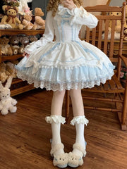 White & Blue Lace-Trimmed Sweet Lolita Dress with Bows and Petal-Edged Cuffs