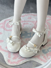 White Sweet Lolita Style Low-heel Sandals with Bows Decor and Heart-Shaped Snap