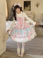 Pink Cat Print Sweet Lolita Dress with Bow Accents and Fur Trim Hem