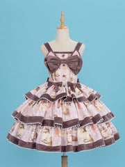 Adorable Fluffy Kitty Print Pink Sweet Dress Cat Ears Big Bow Bodice Lolita Jumper Skirt