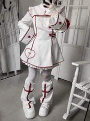 Yami Kawaii Halloween-themed Set: White Maid Dress with Red Heart Buttons & Cross Embroidery + Shorts