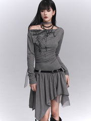 Light Gray Gothic Graffiti Off-Shoulder Dress with Handkerchief Hem & Neck Strap