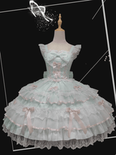 Mint Green Lace-up Waist Lace Trim Old School Lolita Cotton Dress Flutter Sleeves Jumper Skirt