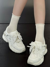 White Sweet Lolita Platform Sneakers - Bow Details, Detachable Beaded Chain & Lace-Up Design