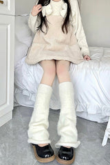 White Thickened Plush Flared Knitted Leg Warmers