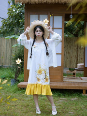White & Yellow Lace Bowknot Detail Girl and Sunflower Print Dress