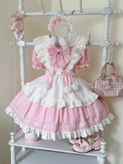 Bunny Ears Sailor Collar Pink Short Sleeves Maid Lolita Dress with White Apron