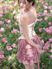 Lace-up Front and Back Floral Print Balletcore Boned Croset Top