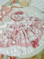 Kitty and Strawberry Print Pink Sweet Lolita Jumper Skirt with Bow Accents
