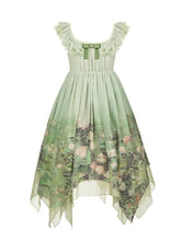 Oil Painting Print Handkerchief Hem Green Empire Waist Lolita Jumper Skirt
