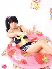 Hime Gyaru Pink & Blue Zebra Print Padded Bikini Swimsuit with Padded Top & Ruffle Skirt