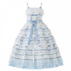 Short Version Blue & White Floral Print Layered Ruffles Elegant Classic Lolita Dress
